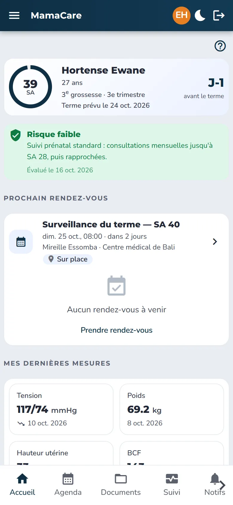 Tableau de bord de la patiente dans l'application MamaCare